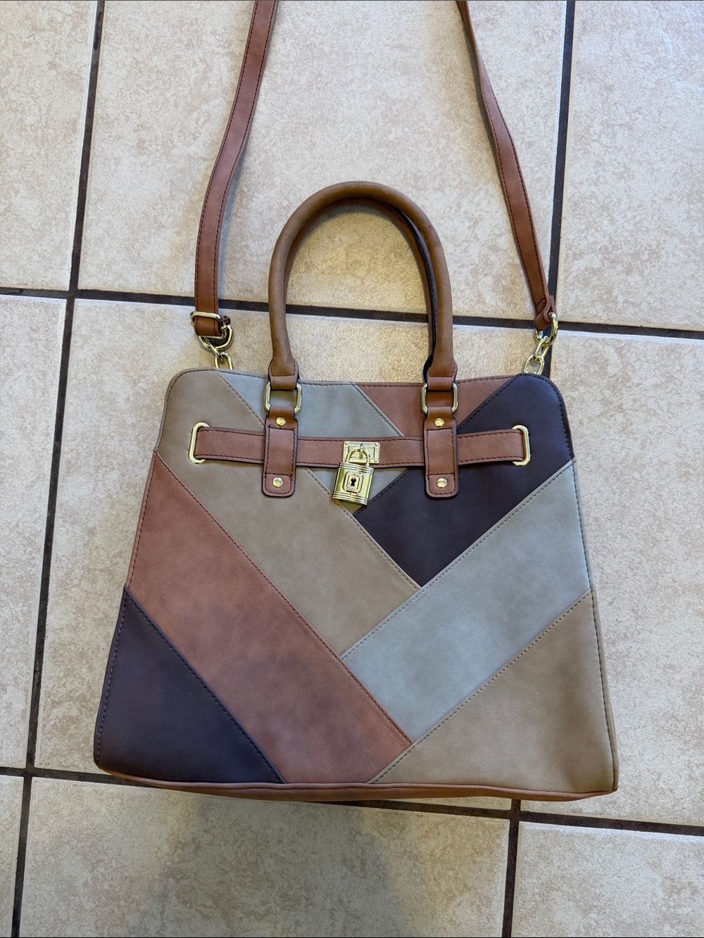 Patchwork Multicolor Tote Bag - Brown/Taupe/Gray